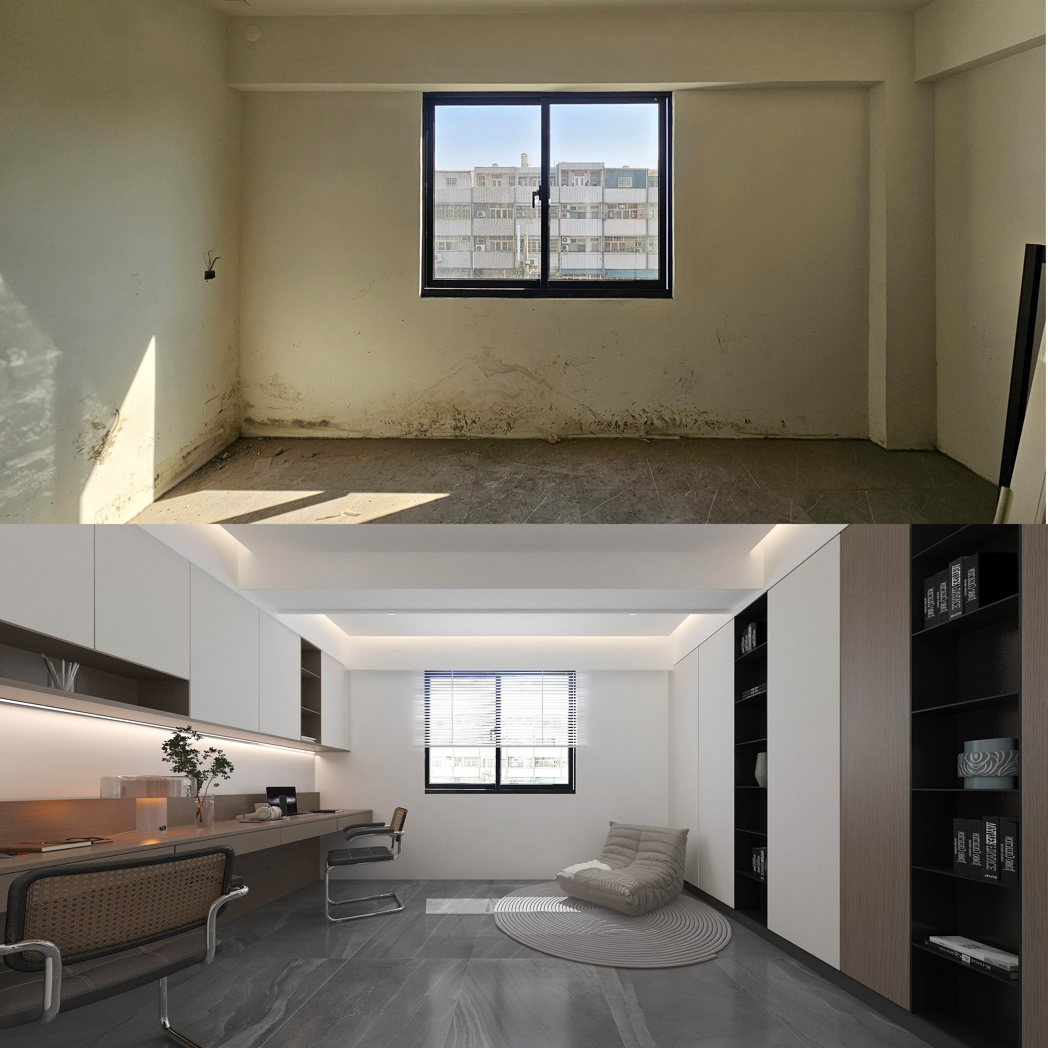 琢木室內裝修 靜寓近心 預售現場原況與3D設計提案上下對比