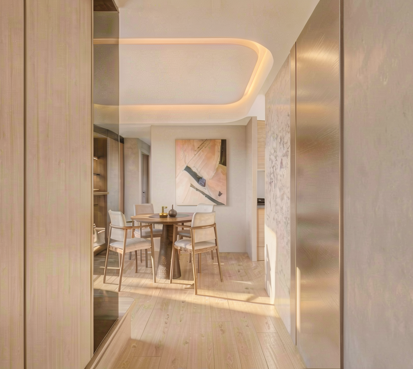 琢木室內裝修 3D完整渲染 客廳沙發電視牆主視角 方案A奶油風配色