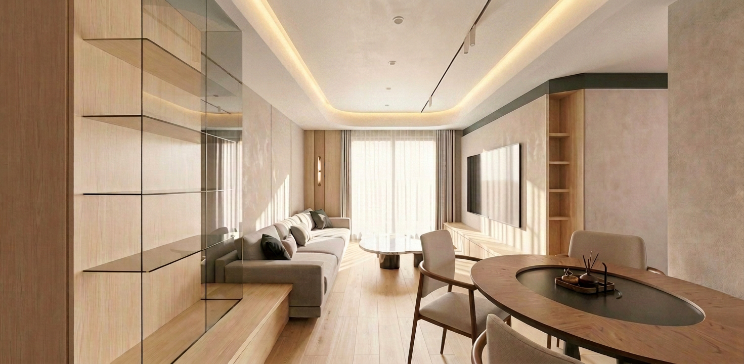 琢木室內裝修 3D完整渲染 客廳餐廚整合視角 方案A