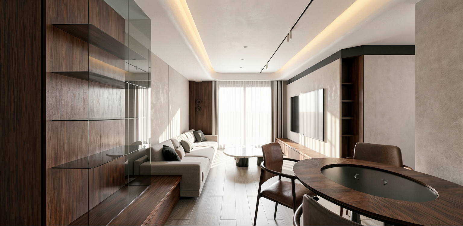 琢木室內裝修 方案B深胡桃沉穩風配色 客廳沙發電視牆視角 30坪三房新成屋設計