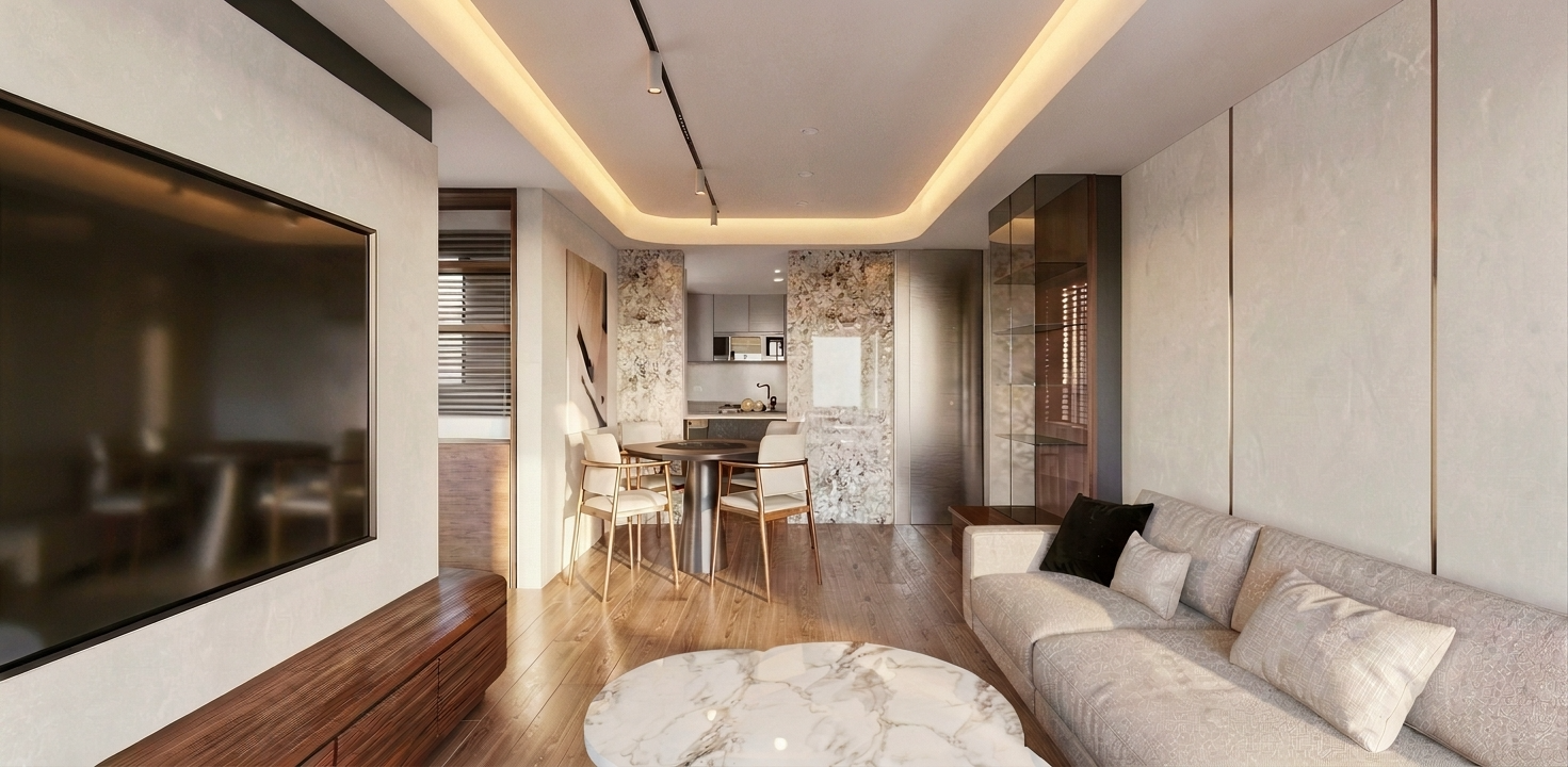 琢木室內裝修 方案B深胡桃沉穩風配色 客廳餐廚整合視角