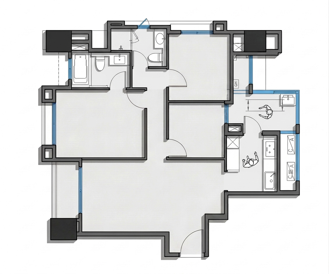 琢木室內裝修 30坪三房原始建築平面 彩色版本方便屋主閱覽討論