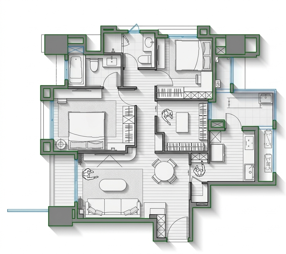 琢木室內裝修 30坪三房規劃配置彩色平面圖 屋主會議桌討論用