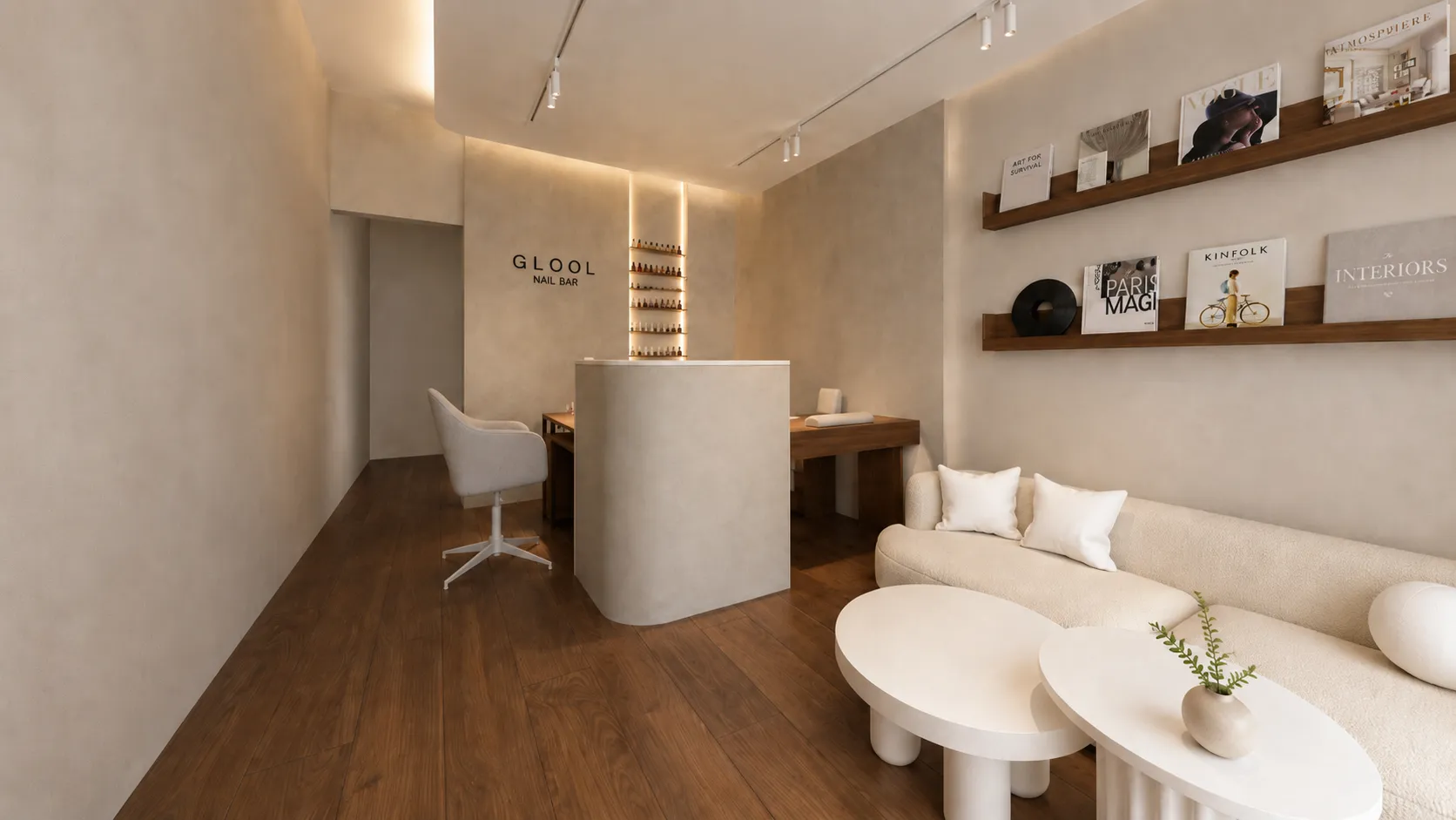 店面一樓3D設計 L型收銀台與活動櫃體規劃