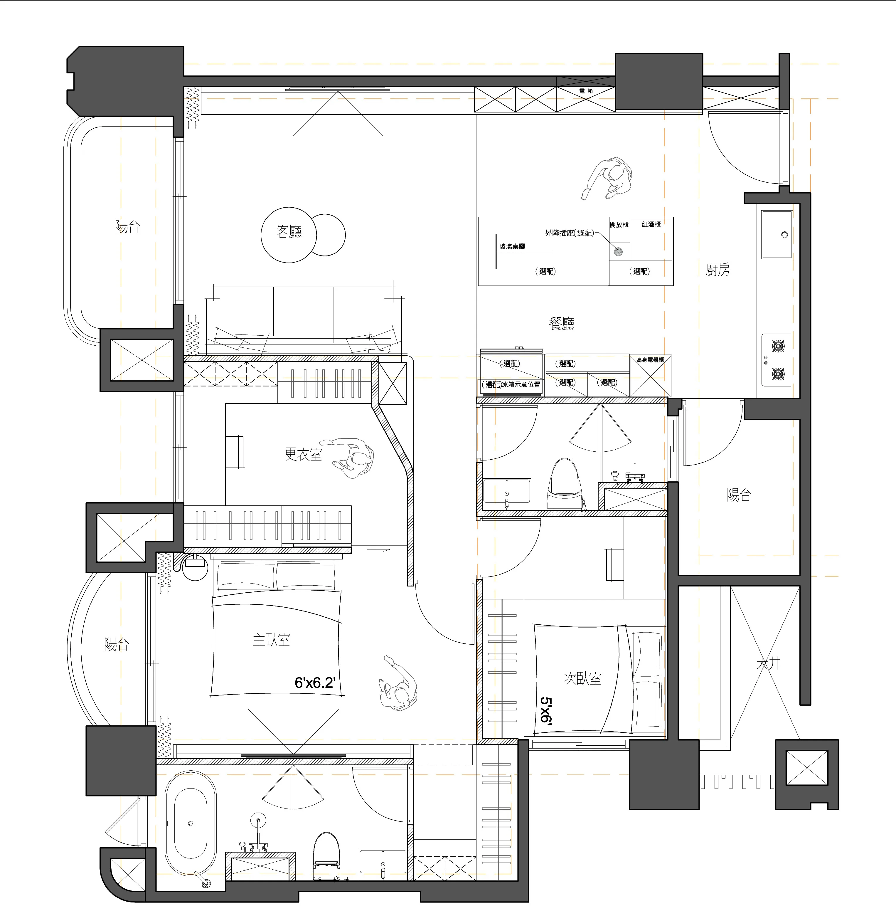 泊時台中西屯新成屋琢木室內裝修 · 台中西屯新成屋 28坪設計平面配置圖 · 三房改兩房加獨立更衣室格局規劃